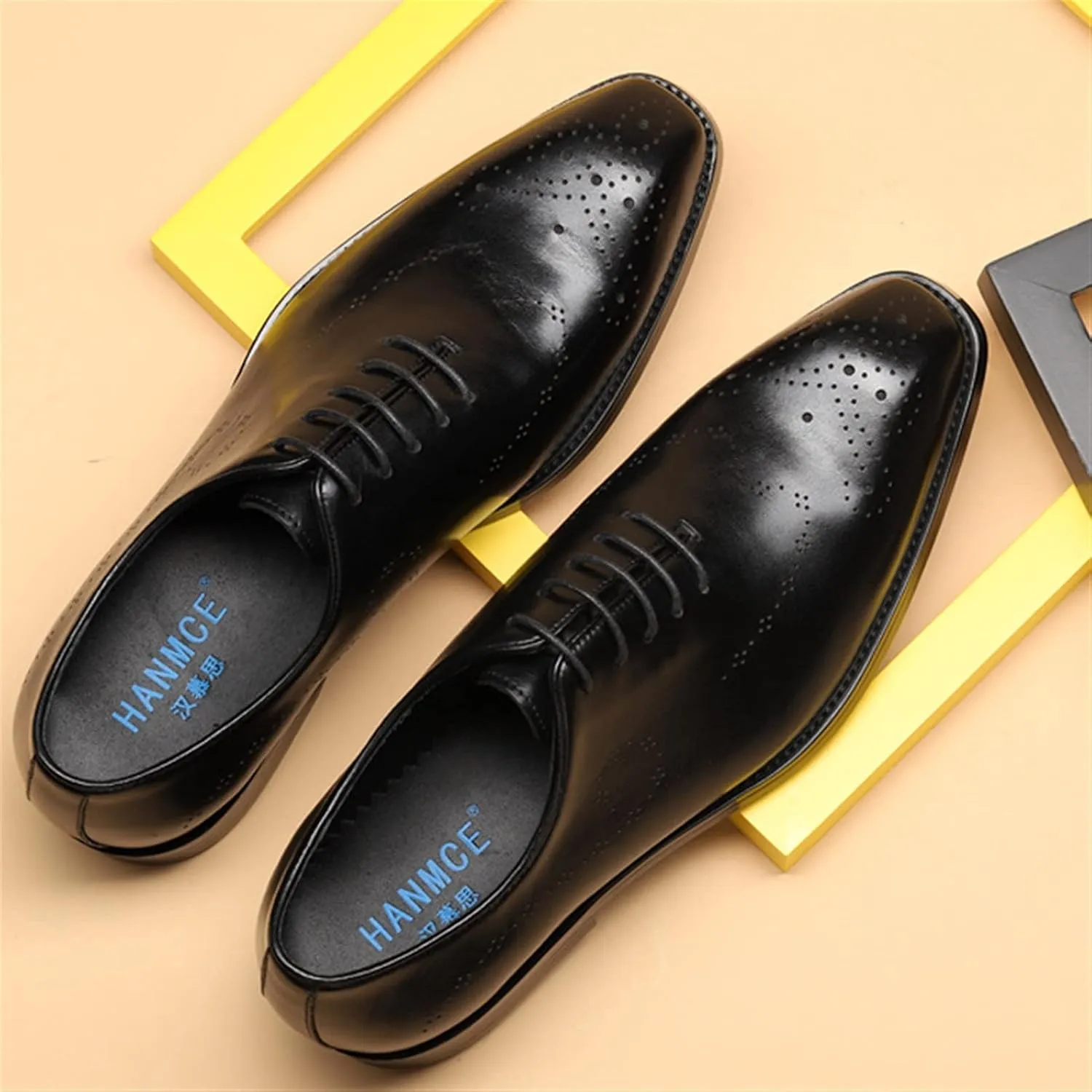 Single Season Dress Shoes for Men Lace Up Square Toe Brogue Embossed Cowhide Low Top Non Slip Resistant Rubber Sole Anti-Slip Business Very Popular Among Young People