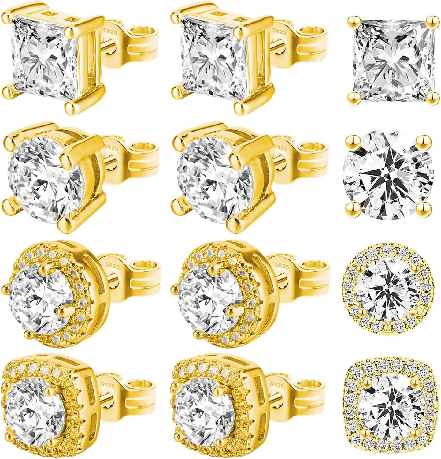 Small Plated Tiny Earrings Set - CZ Stud Earrings in Square, Round & Teardrop Shapes - Anti-sensitive for Women & Men