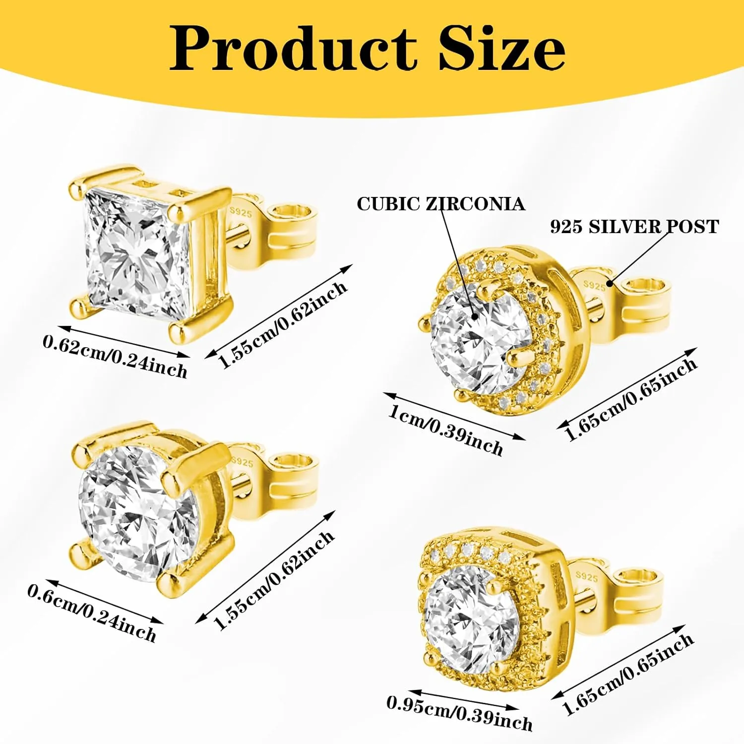 Small Plated Tiny Earrings Set - CZ Stud Earrings in Square, Round & Teardrop Shapes - Anti-sensitive for Women & Men