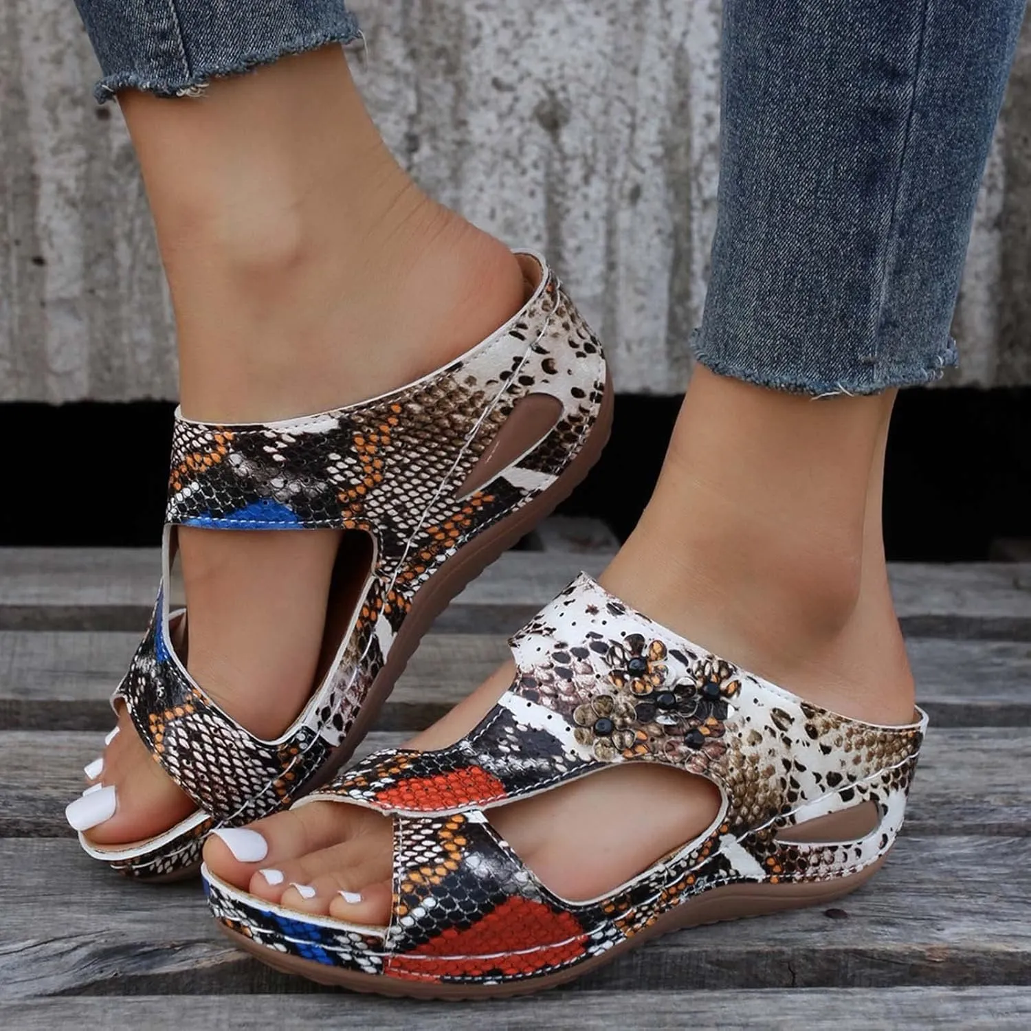 Smoneyful Womens Platform Sandals Wedge Comfortable Low Heels Dressy Summer Casual Slip Flip Flops Flower Orthopedic Peep Toe Wide Width Arch Support Breathable Memory Foam Recovery Beach Slippers