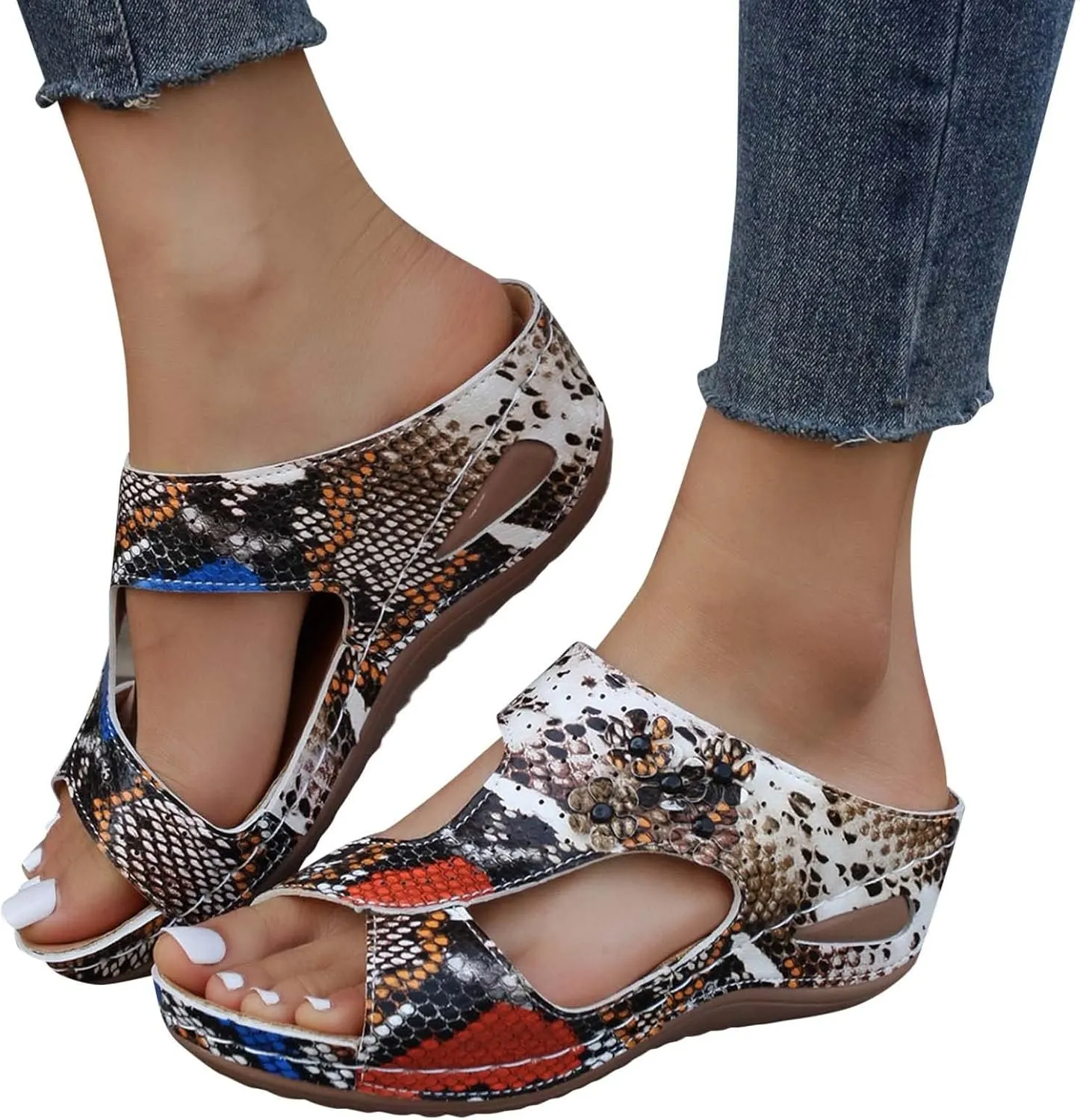 Smoneyful Womens Platform Sandals Wedge Comfortable Low Heels Dressy Summer Casual Slip Flip Flops Flower Orthopedic Peep Toe Wide Width Arch Support Breathable Memory Foam Recovery Beach Slippers