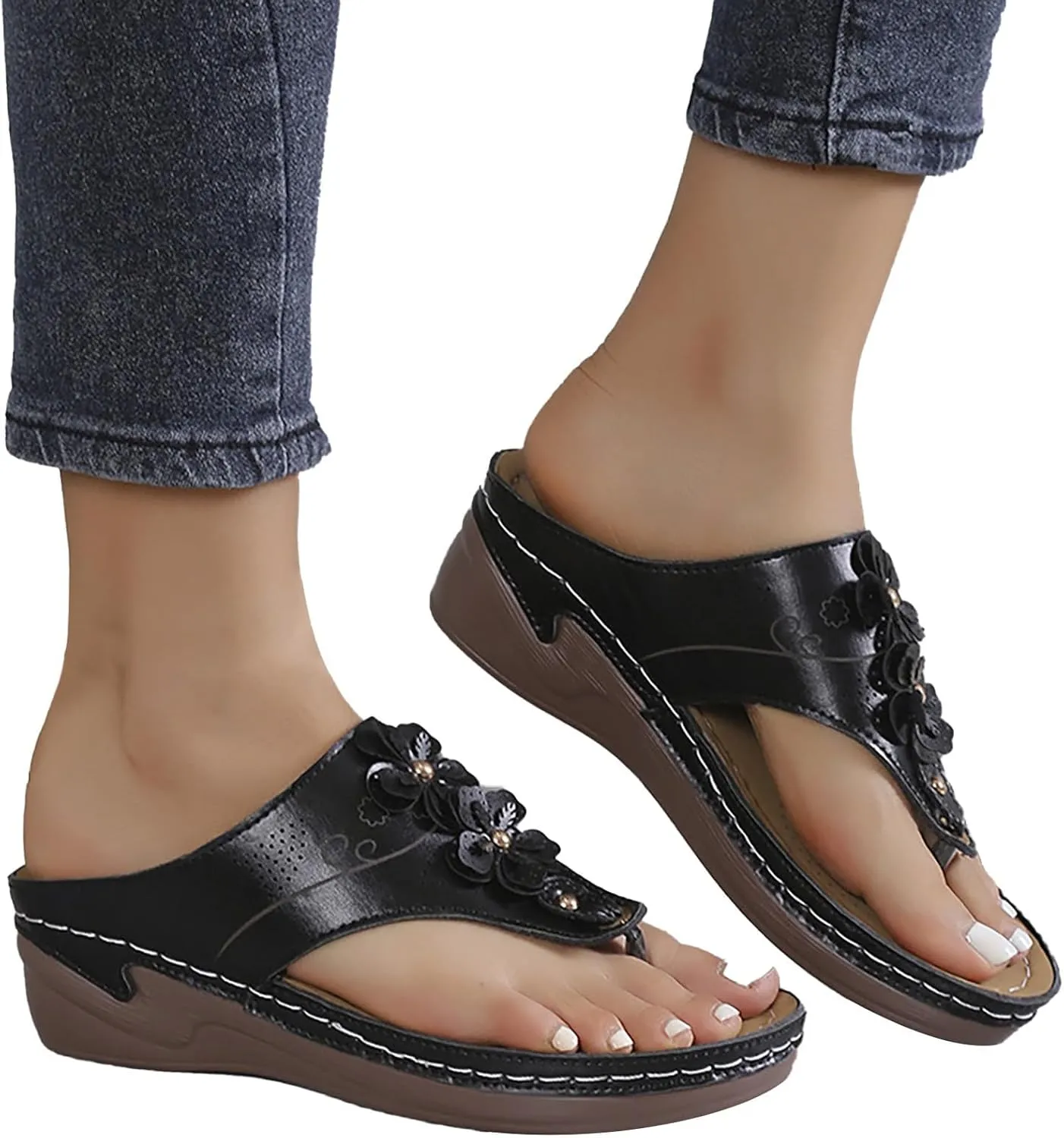 Smoneyful Womens Summer Orthopedic Sandals Arch Support Dressy Beach Wedges Casual Flip Flops Travel Comfort Anti Slip Breathable Orthotic Slip Trendy Walking Sandals