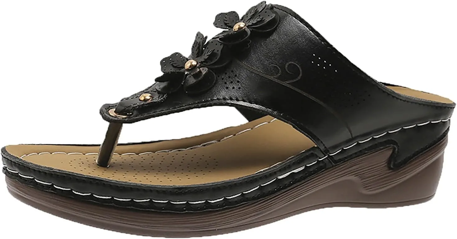 Smoneyful Womens Summer Orthopedic Sandals Arch Support Dressy Beach Wedges Casual Flip Flops Travel Comfort Anti Slip Breathable Orthotic Slip Trendy Walking Sandals