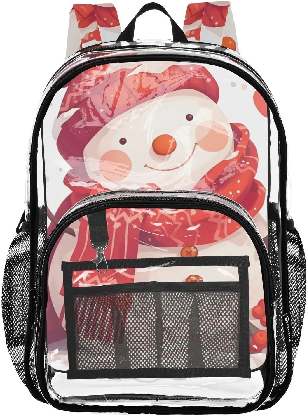 Snowman in Hat Clear Plastic Backpack - Transparent PVC Heavy Duty Bag with Large Main Pocket and Mesh Pockets - Ideal for School, Travel, Outings - Clear Backpack for Everyday Use