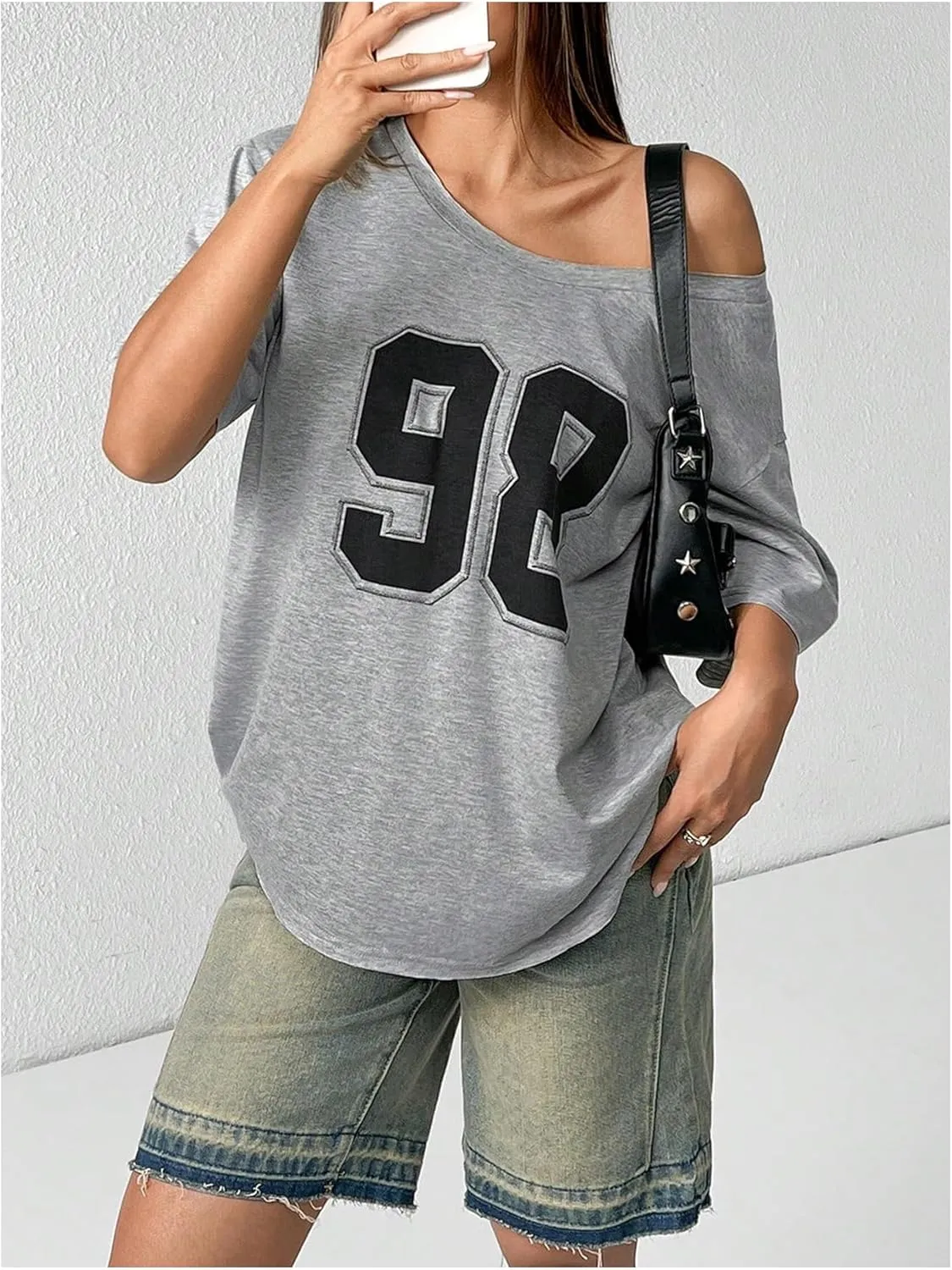 SOLY HUX Women's Number Graphic Tees Off The Shoulder Half Sleeve T Shirt Summer Y2k Jersey Shirts