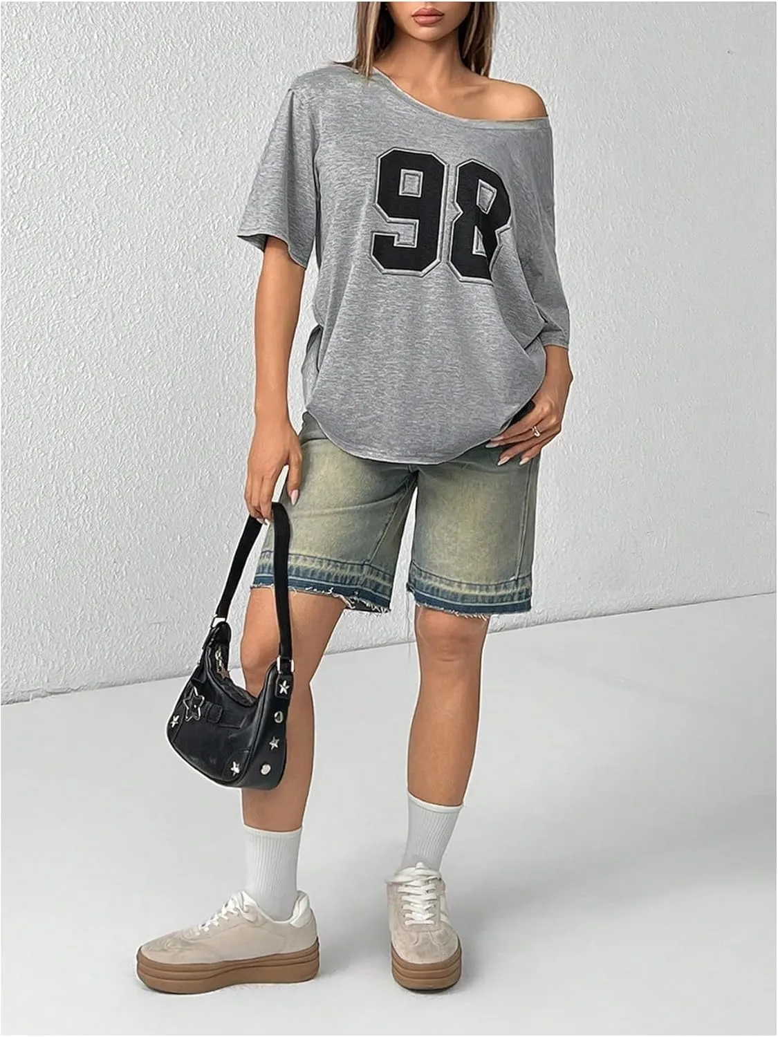 SOLY HUX Women's Number Graphic Tees Off The Shoulder Half Sleeve T Shirt Summer Y2k Jersey Shirts