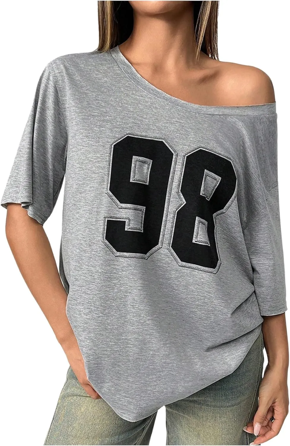 SOLY HUX Women's Number Graphic Tees Off The Shoulder Half Sleeve T Shirt Summer Y2k Jersey Shirts
