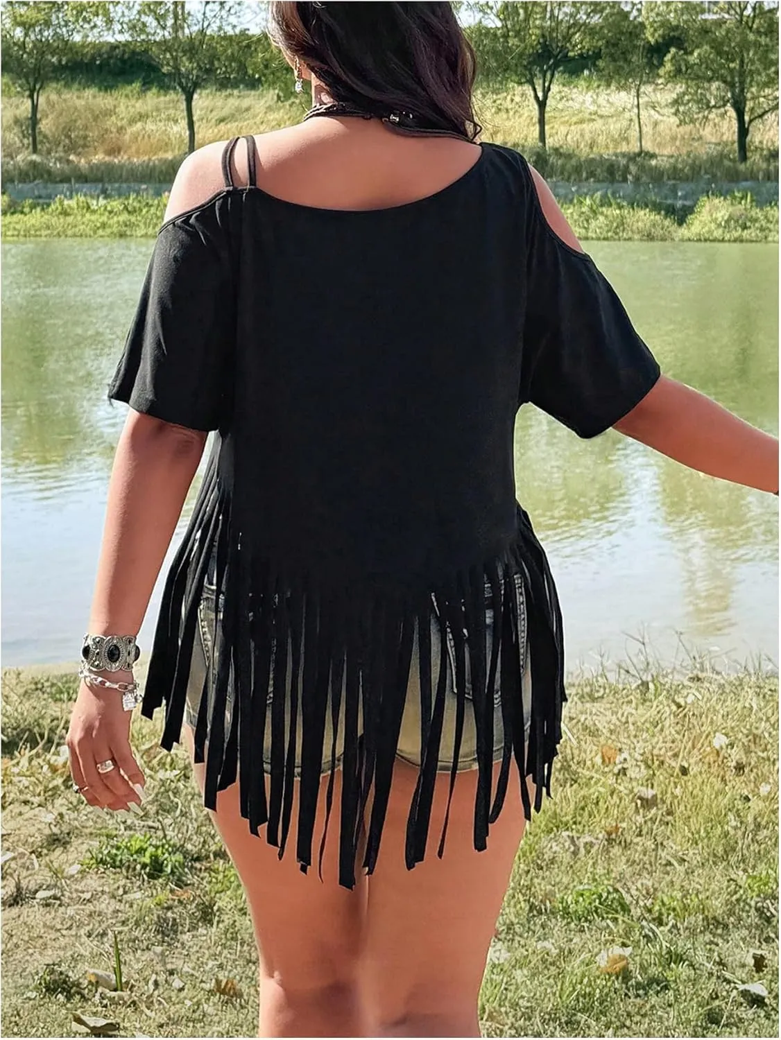 SOLY HUX Women's Plus Size Cold Shoulder Fringe Trim T Shirts Short Sleeve Graphic Tees Western Cowlgirl Outfits