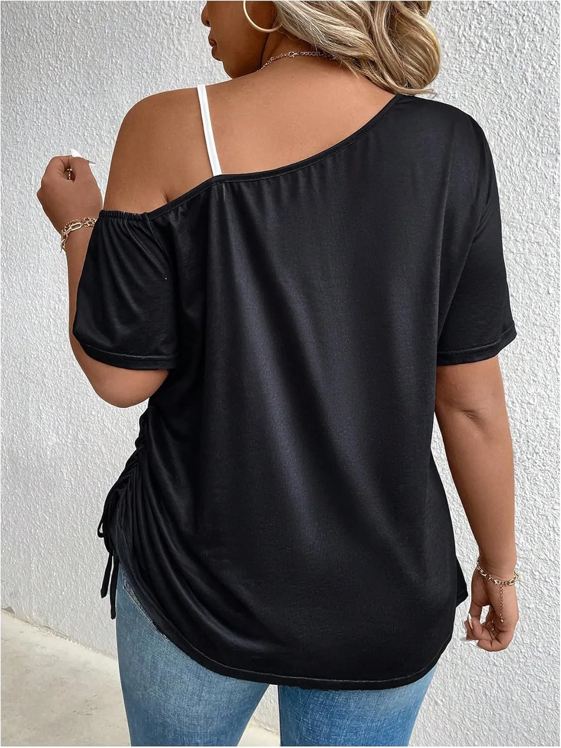 SOLY HUX Women's Plus Size Graphic Tees Cold Shoulder Short Sleeve T Shirt Letter Butterfly Print Drawstring Side Tops