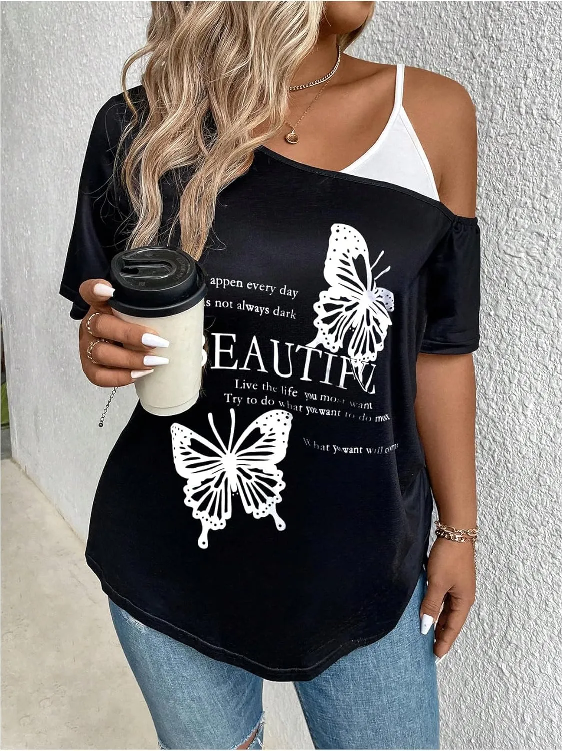 SOLY HUX Women's Plus Size Graphic Tees Cold Shoulder Short Sleeve T Shirt Letter Butterfly Print Drawstring Side Tops