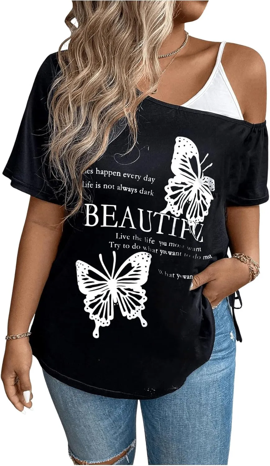SOLY HUX Women's Plus Size Graphic Tees Cold Shoulder Short Sleeve T Shirt Letter Butterfly Print Drawstring Side Tops