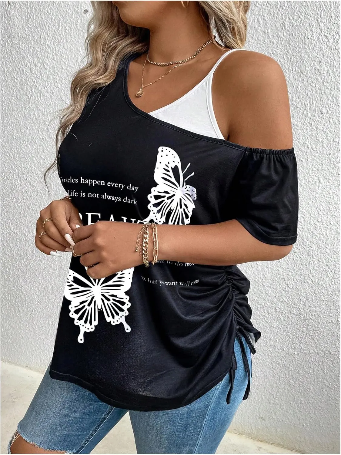 SOLY HUX Women's Plus Size Graphic Tees Cold Shoulder Short Sleeve T Shirt Letter Butterfly Print Drawstring Side Tops