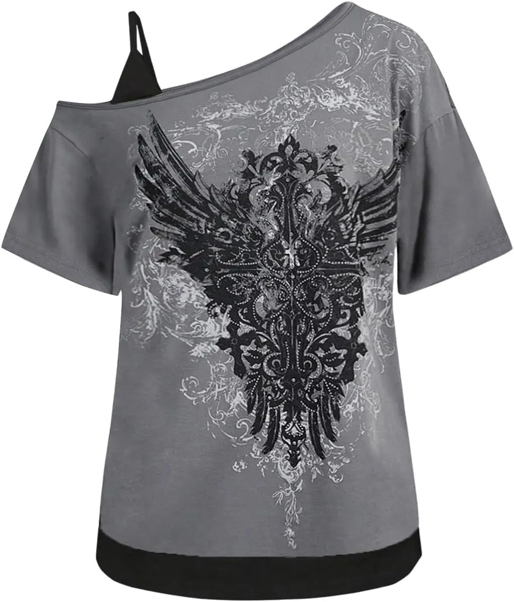 SOLY HUX Women's Plus Size Y2k Tops Gothic Graphic Tees Trendy Short Sleeve Asymmetrical Neck T Shirts