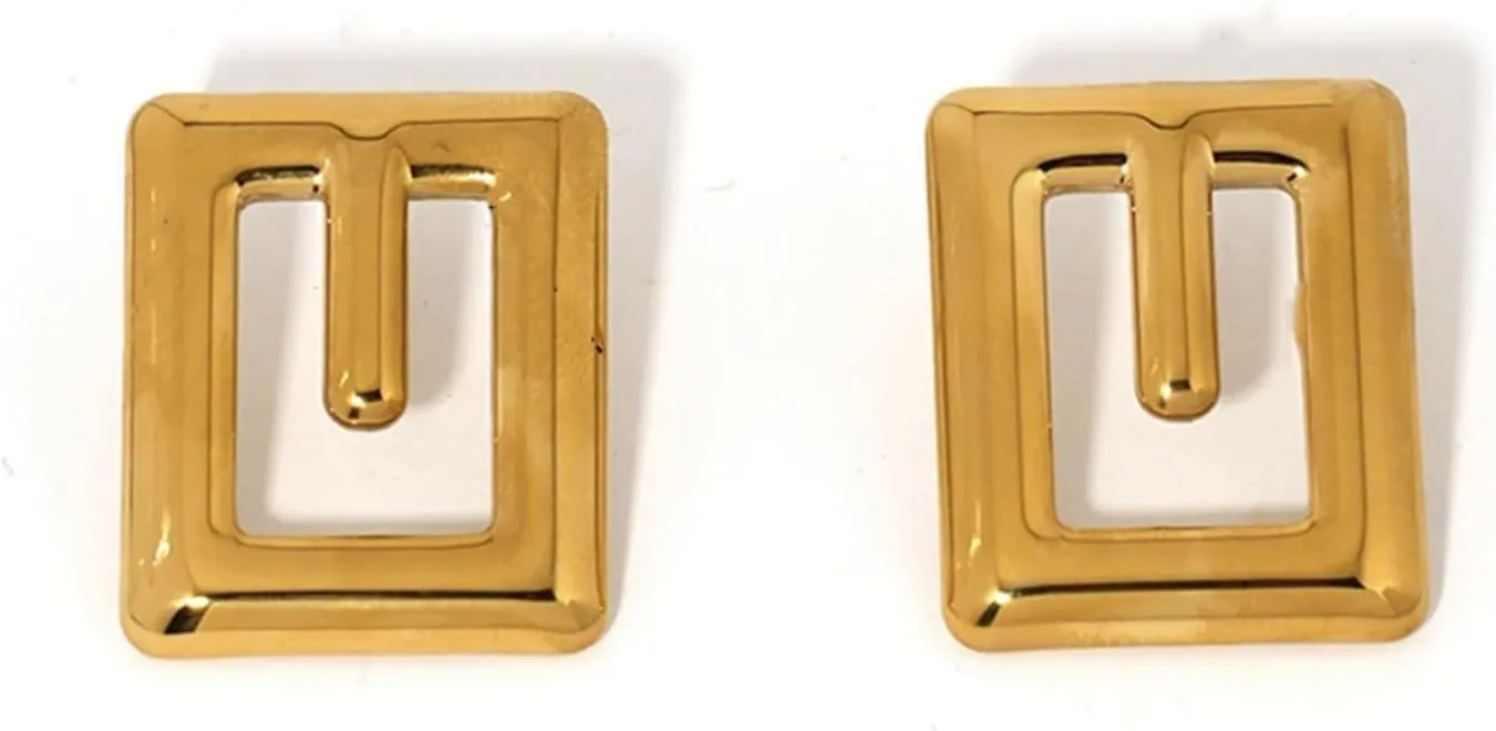 Stainless Steel Vintage Inspired Rectangular Earrings Gold Plated Rust Proof 18k Pvd Plated Texture Daily Jewelry