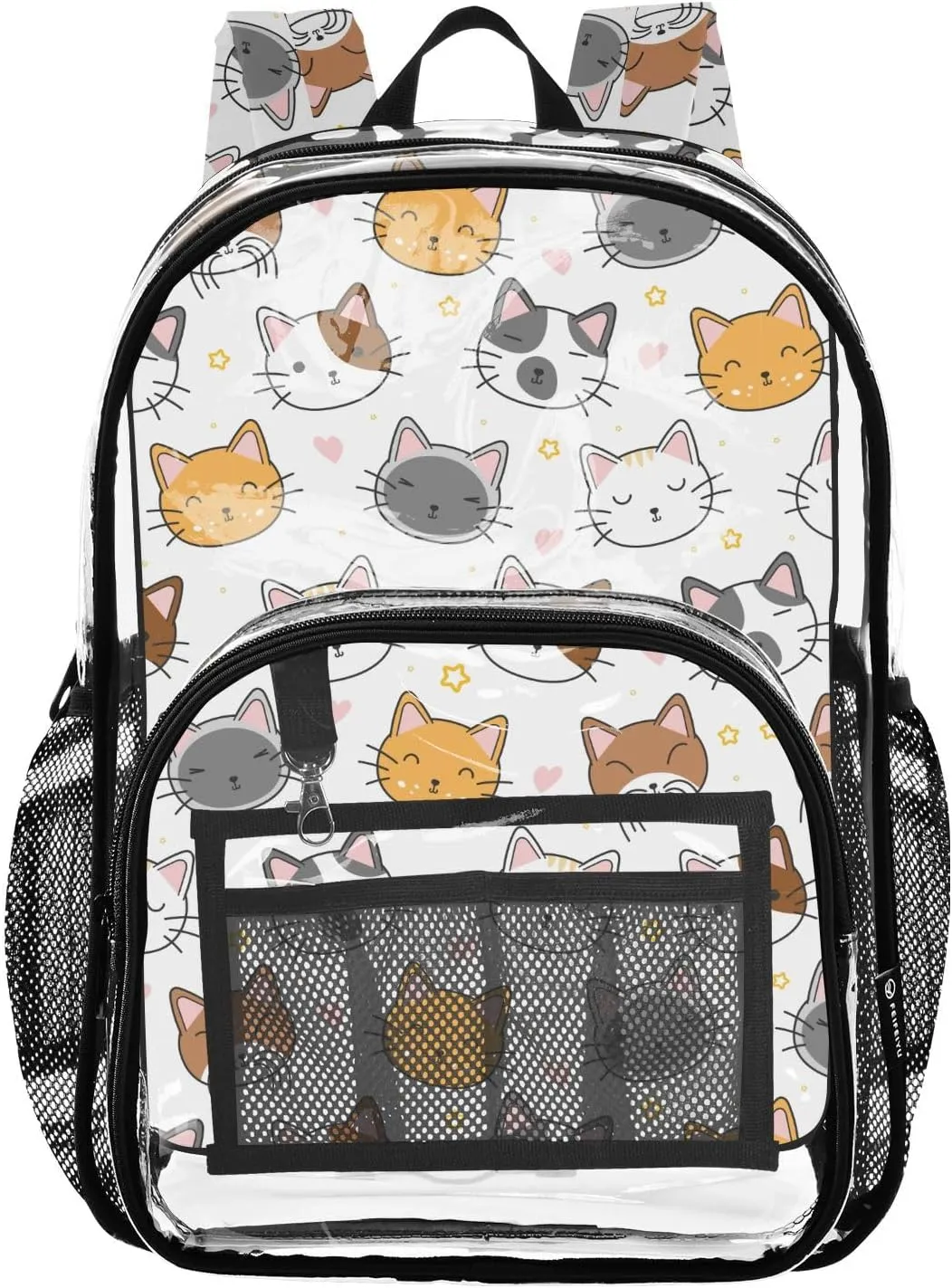 Stars Cats White Clear Backpack Transparent Bookbag for Girls Boys Kids Bag PVC Waterproof Bag See Through Backpack for Stadium Events School Travel