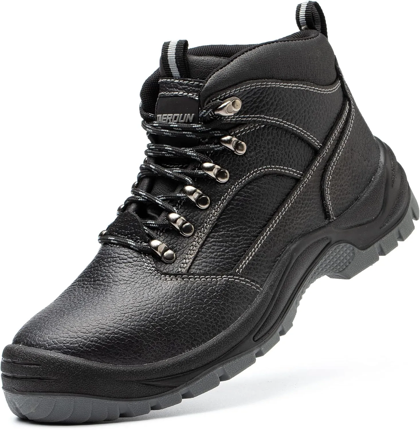 Steel Toe Boots for Men Real Leather Work Safety Shoes, Industrial & Construction Shoes, Indestructible Welding Boots, Black&Grey, Size 9.5