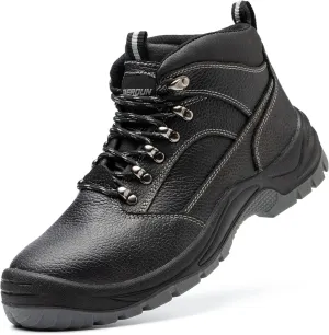 Steel Toe Boots for Men Real Leather Work Safety Shoes, Industrial & Construction Shoes, Indestructible Welding Boots, Black&Grey, Size 9.5