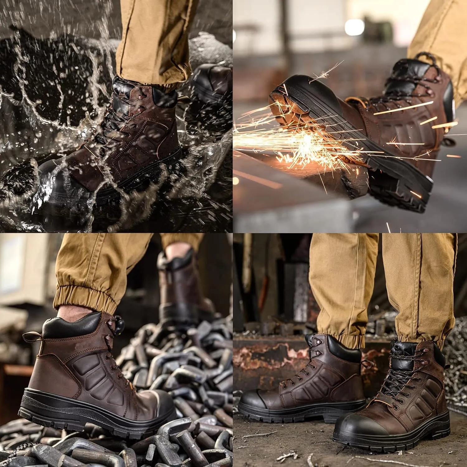 Steel Toe Boots for Men Waterproof, 6" Oiled Full Grain Leather Slip on Work Boots, Non-Slip, Puncture-Proof, Breathable, Comfortable Outdoor Lightweight Mens Work Boots