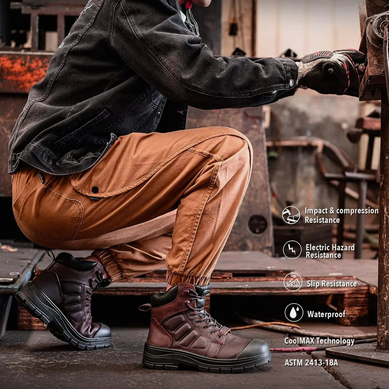 Steel Toe Boots for Men Waterproof, 6" Oiled Full Grain Leather Slip on Work Boots, Non-Slip, Puncture-Proof, Breathable, Comfortable Outdoor Lightweight Mens Work Boots
