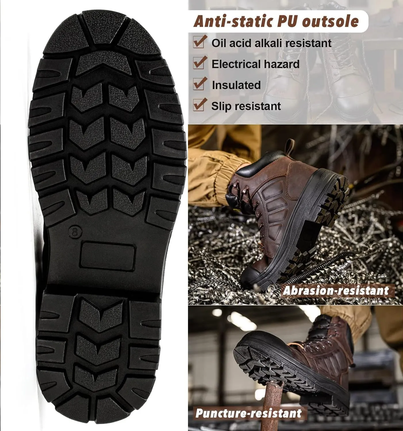 Steel Toe Boots for Men Waterproof, 6" Oiled Full Grain Leather Slip on Work Boots, Non-Slip, Puncture-Proof, Breathable, Comfortable Outdoor Lightweight Mens Work Boots