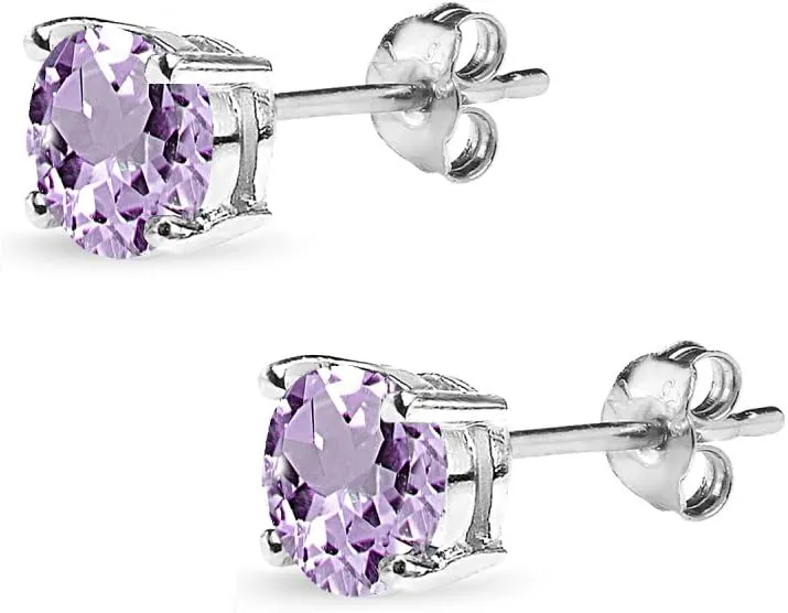 Sterling Silver Birthstone Earrings for Women, Genuine or Synthetic Gemstone 6mm Round Solitaire Stud Earring for Bridesmaids