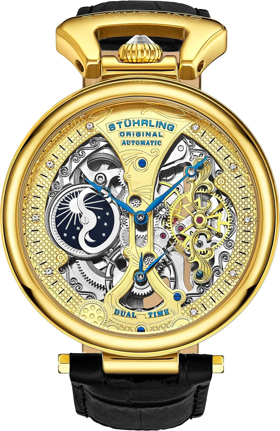 Sthrling Original Mens Skeleton Watch Dial Automatic Watch with Calfskin Leather Band and - Dual Time, AM/PM Sun Moon