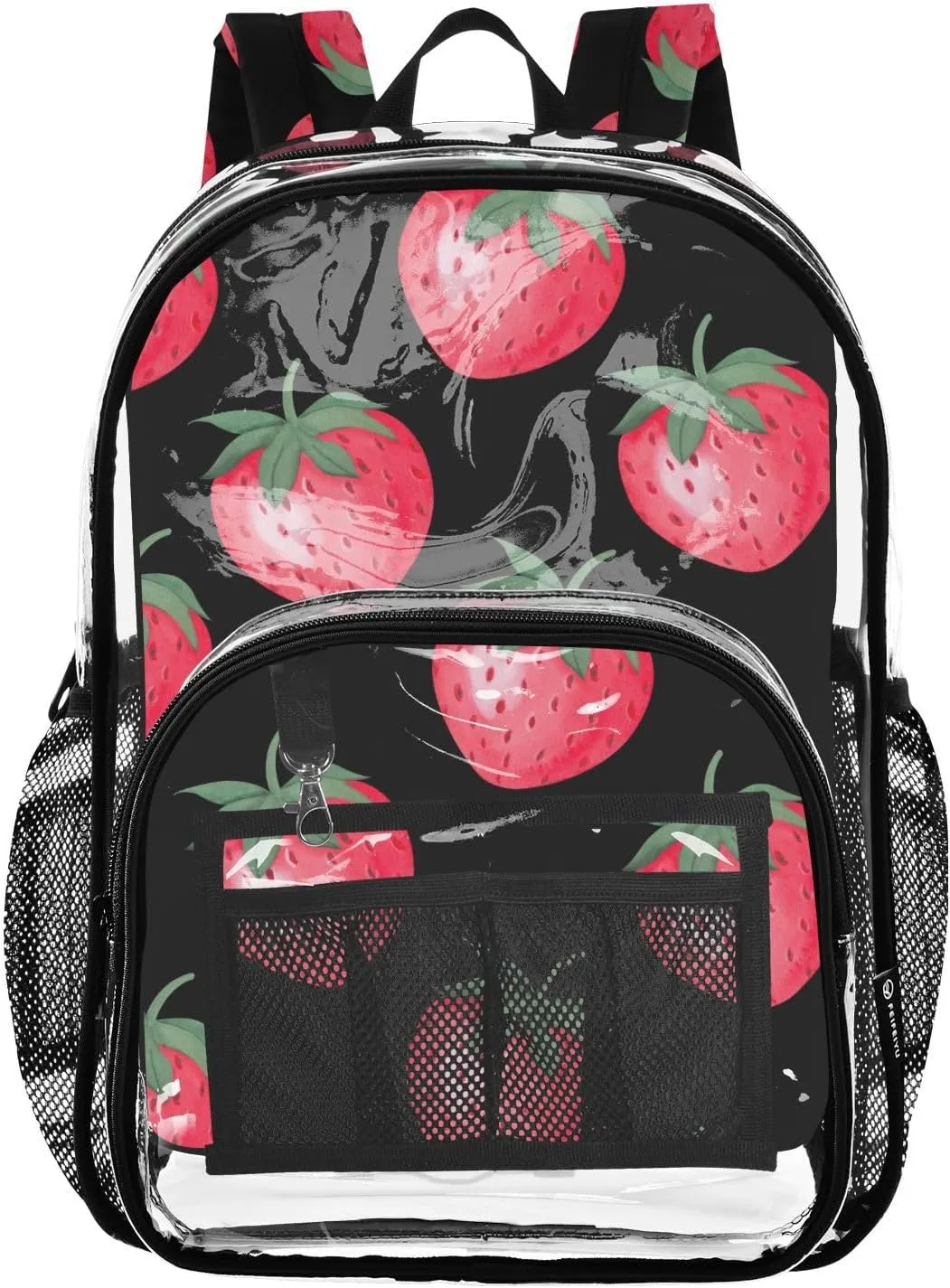 Strawberry Black Clear Backpack Transparent Bag for Girls Boys Kids Backpacks See Through Bookbag Plastic Daypack for School Stadium Travel College
