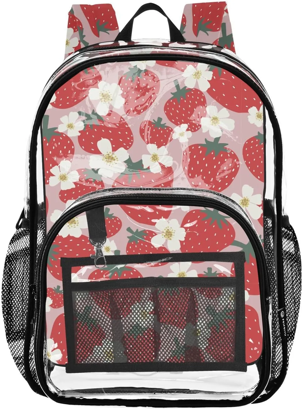 Strawberry Flower Pink Clear Backpack Water Resistant Daypack Transparent Backpacks for Girls Boys Bookbag PVC Plastic Bags for Teens Students Women Men Travel