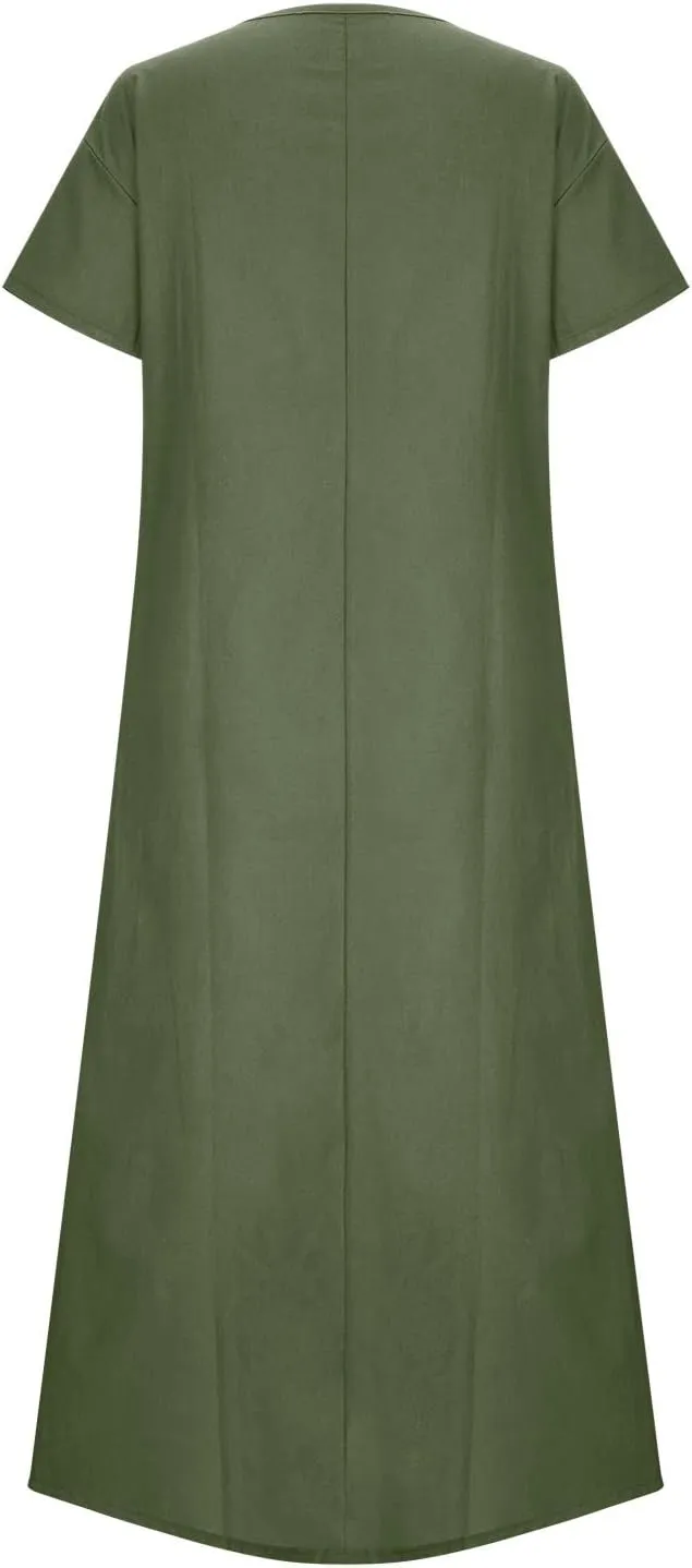 Summer Dress for Women Plus Size Short Sleeve Linen Shirt Dresses Crewneck Maxi Dress Business Casual Dresses