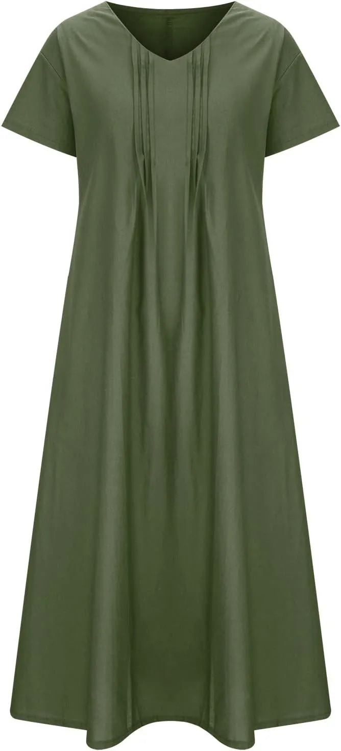 Summer Dress for Women Plus Size Short Sleeve Linen Shirt Dresses Crewneck Maxi Dress Business Casual Dresses