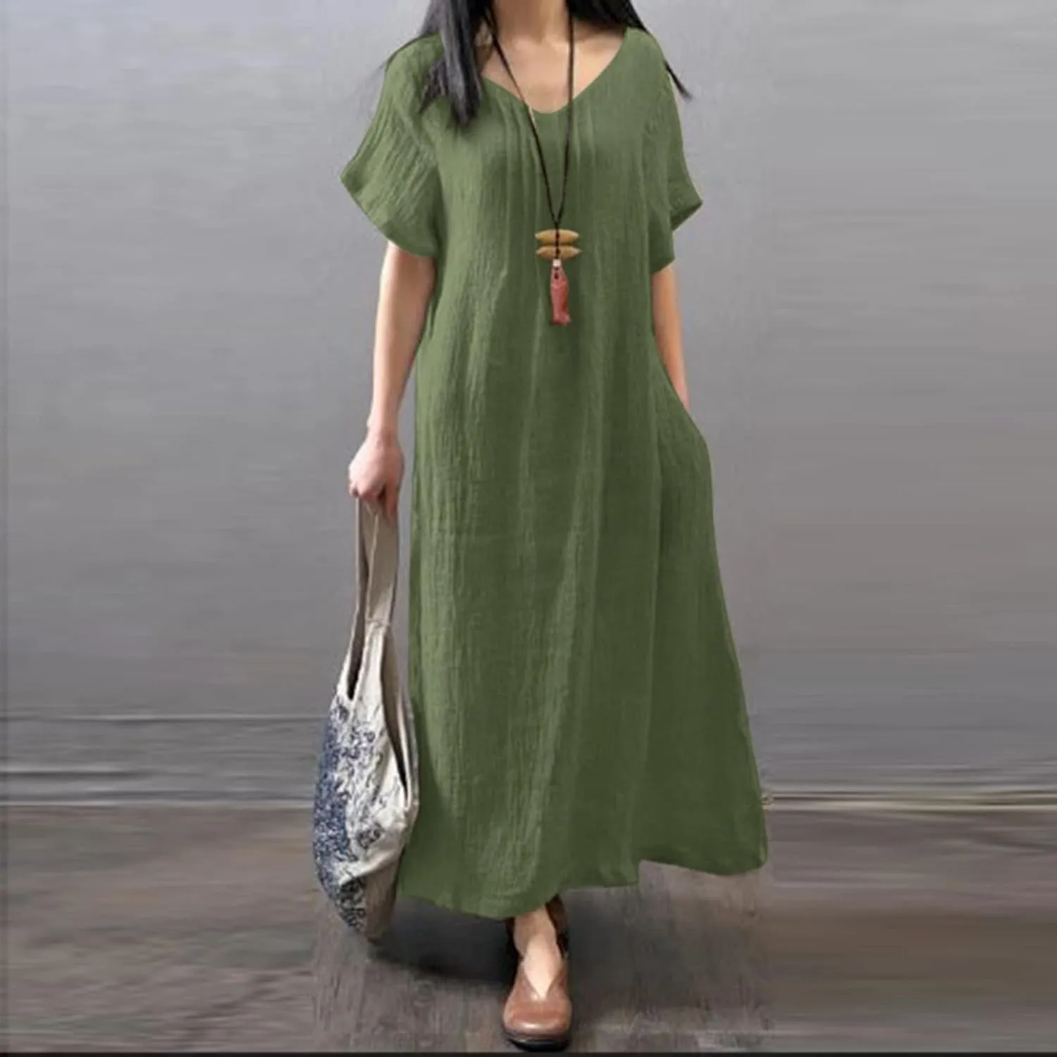 Summer Dress for Women Plus Size Short Sleeve Linen Shirt Dresses Crewneck Maxi Dress Business Casual Dresses