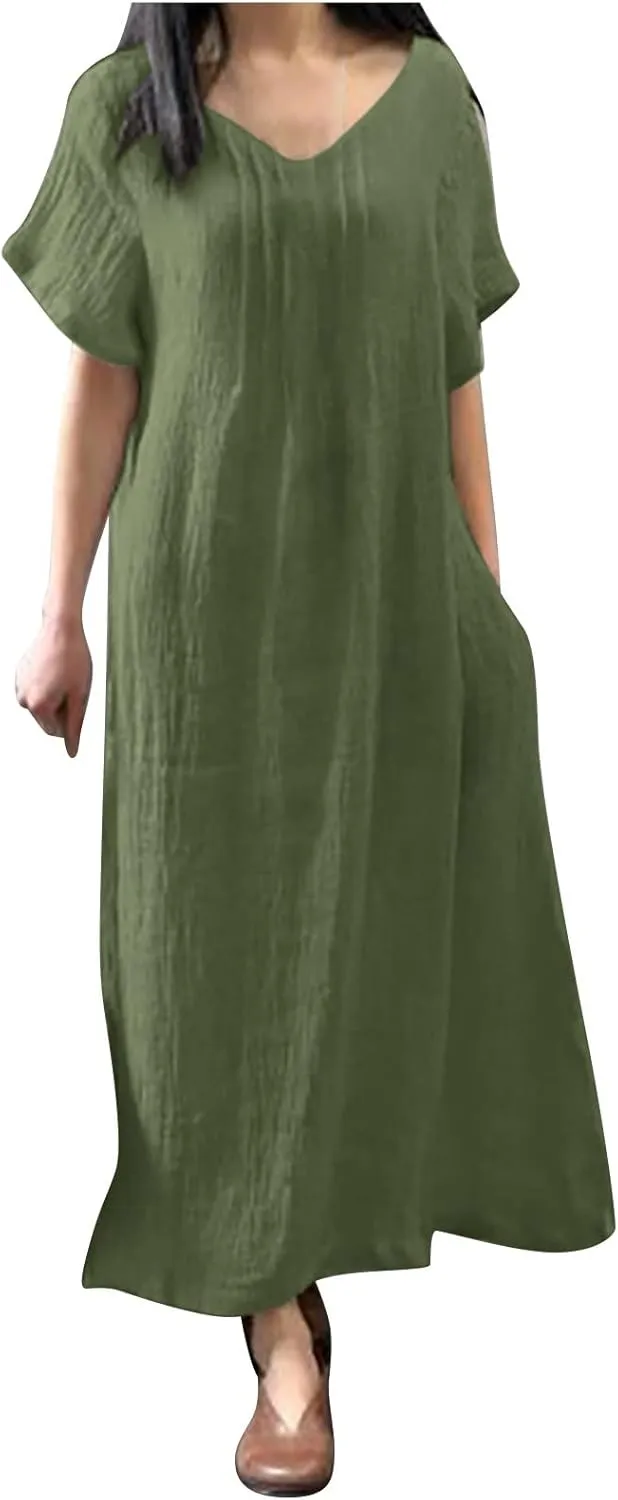 Summer Dress for Women Plus Size Short Sleeve Linen Shirt Dresses Crewneck Maxi Dress Business Casual Dresses