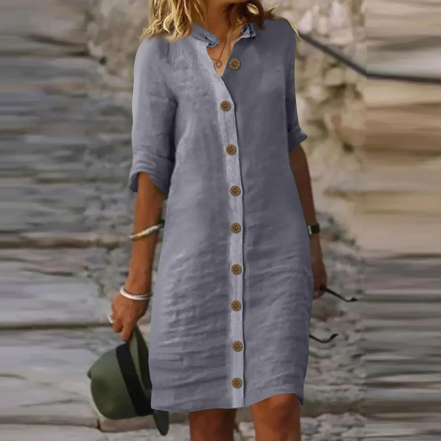 Summer Dresses for Women 2024 Casual Button Down Midi Shirt Dress Beach Half Sleeve V Neck Knee Length Dress