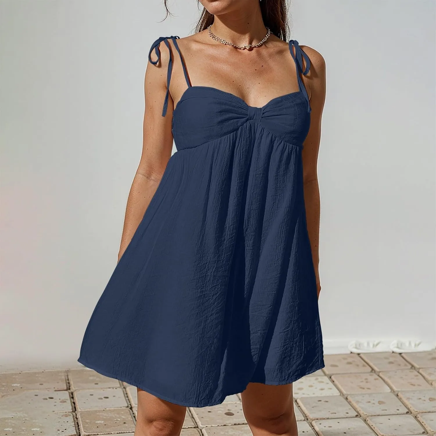 Sun Dresses for Women 2025 Mini Loose Spaghetti Strap Bow Babydoll Dress Casual Summer Vacation Flowy Beach Sundress