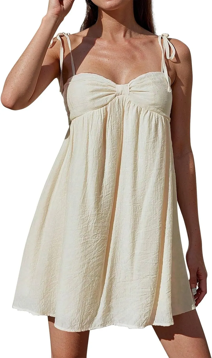 Sun Dresses for Women 2025 Mini Loose Spaghetti Strap Bow Babydoll Dress Casual Summer Vacation Flowy Beach Sundress