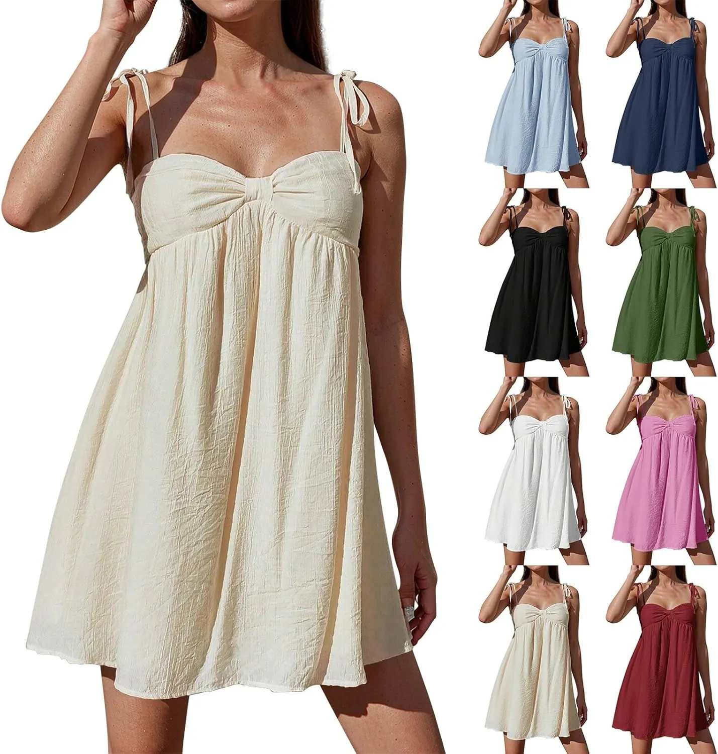 Sun Dresses for Women 2025 Mini Loose Spaghetti Strap Bow Babydoll Dress Casual Summer Vacation Flowy Beach Sundress