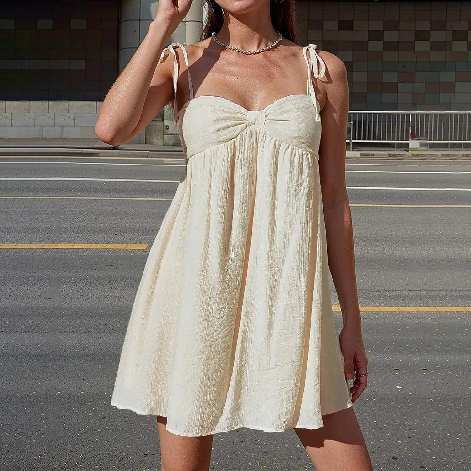 Sun Dresses for Women 2025 Mini Loose Spaghetti Strap Bow Babydoll Dress Casual Summer Vacation Flowy Beach Sundress