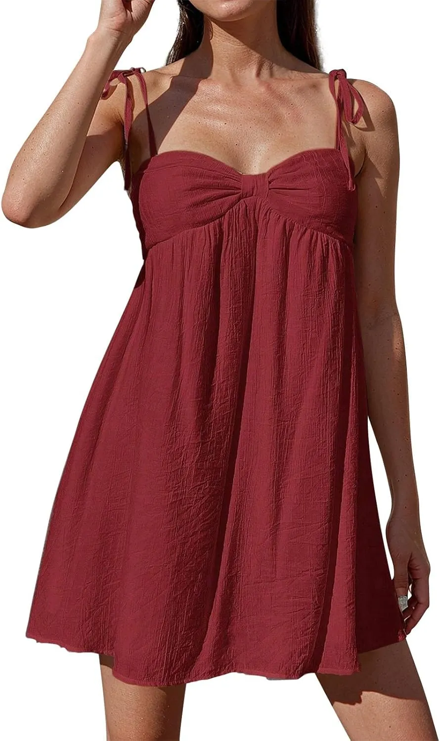 Sun Dresses for Women 2025 Vacation Loose Spaghetti Strap Mini Babydoll Dress Casual Summer A Line Beach Sundress