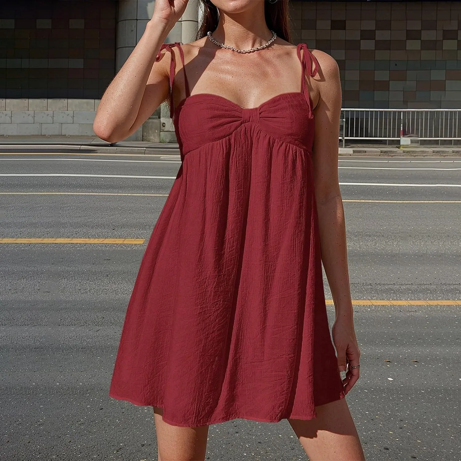 Sun Dresses for Women 2025 Vacation Loose Spaghetti Strap Mini Babydoll Dress Casual Summer A Line Beach Sundress
