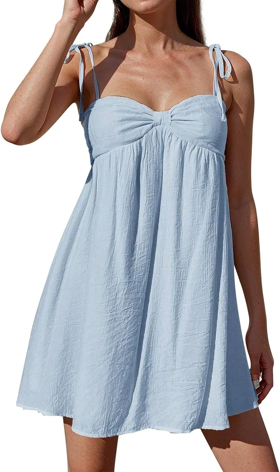 Sun Dresses for Women 2025 Vacation Loose Spaghetti Strap Mini Babydoll Dress Casual Summer A Line Beach Sundress