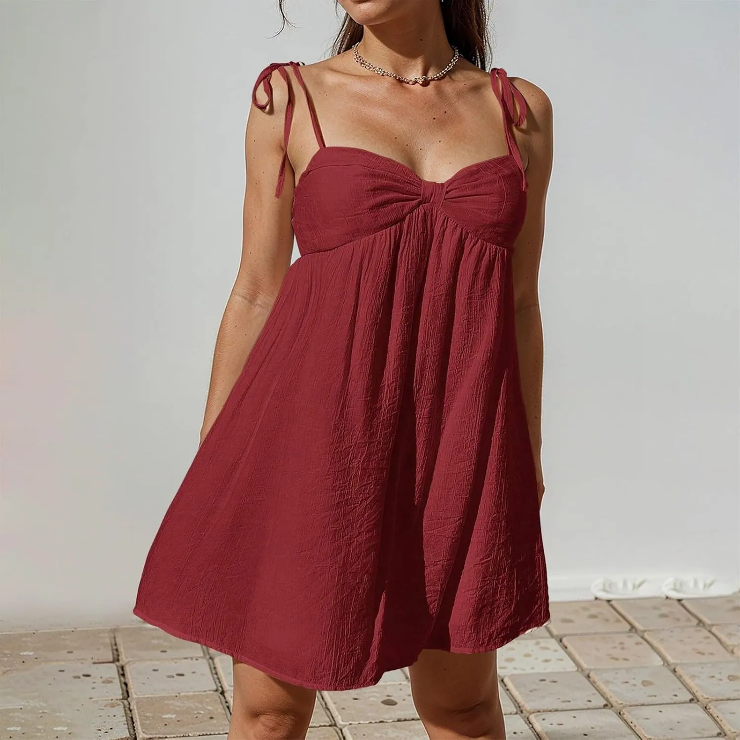 Sun Dresses for Women 2025 Vacation Loose Spaghetti Strap Mini Babydoll Dress Casual Summer A Line Beach Sundress