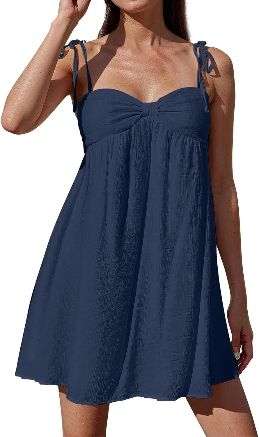 Sun Dresses for Women 2025 Vacation Loose Spaghetti Strap Mini Babydoll Dress Casual Summer A Line Beach Sundress