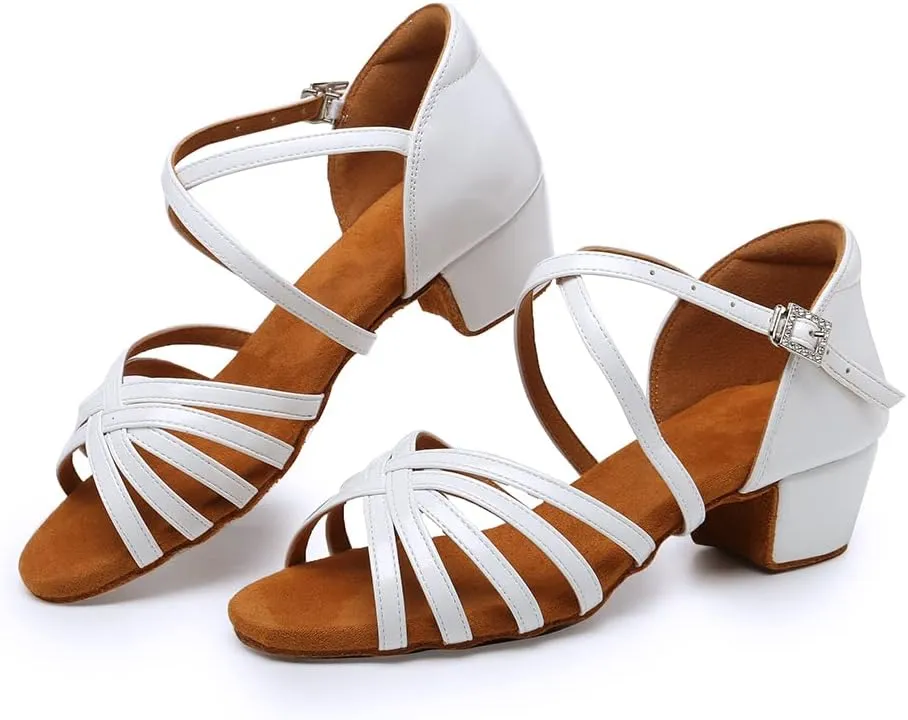 SWDZM Girls Latin Dance Shoes Low Heel Satin Ballroom Salsa Pratice Dance Shoes,Model EM-New Child