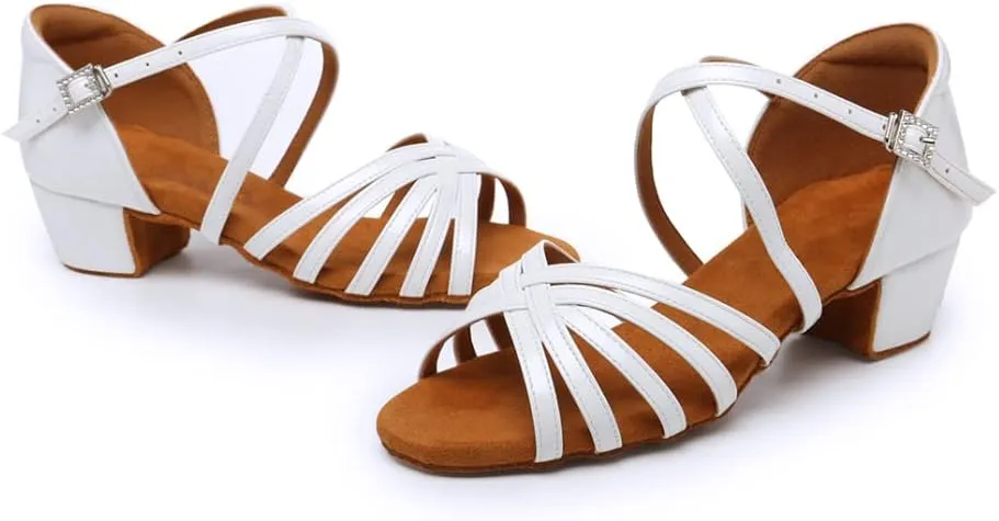SWDZM Girls Latin Dance Shoes Low Heel Satin Ballroom Salsa Pratice Dance Shoes,Model EM-New Child