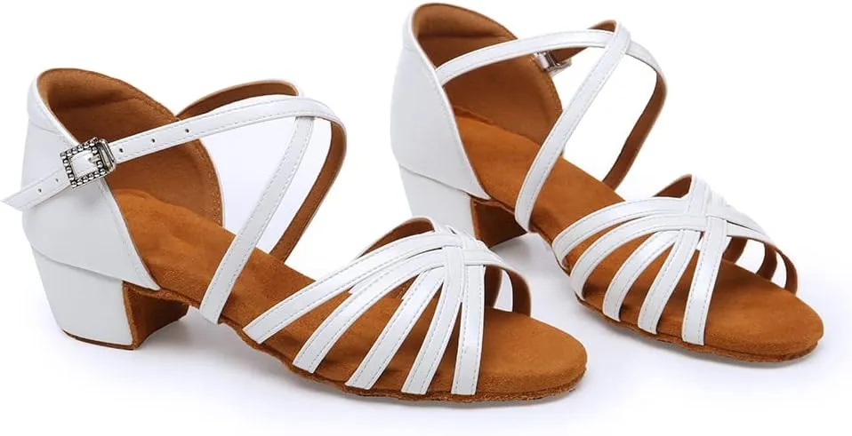 SWDZM Girls Latin Dance Shoes Low Heel Satin Ballroom Salsa Pratice Dance Shoes,Model EM-New Child