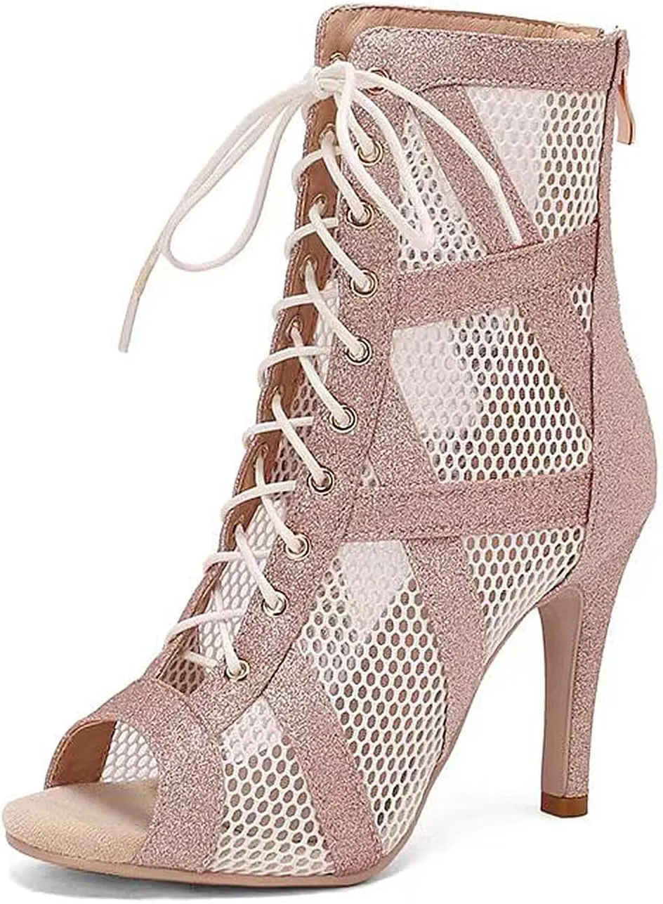 SWDZM Open Toe Dance Boots Women Latin Ballroom Lace-up Dance Shoes