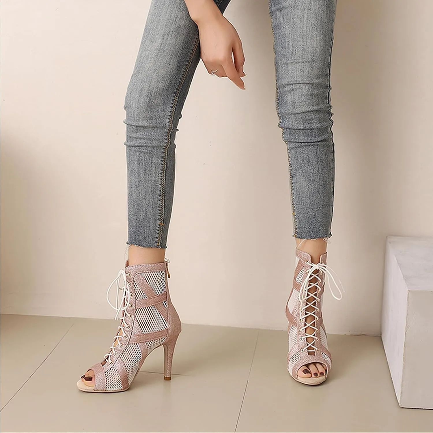 SWDZM Open Toe Dance Boots Women Latin Ballroom Lace-up Dance Shoes