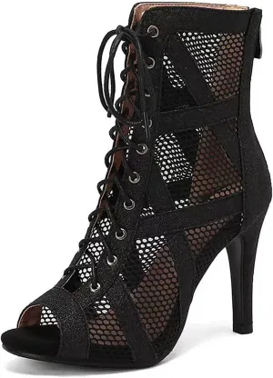 SWDZM Open Toe Dance Boots Women Latin Ballroom Lace-up Dance Shoes