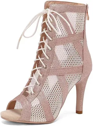 SWDZM Open Toe Dance Boots Women Latin Ballroom Lace-up Dance Shoes
