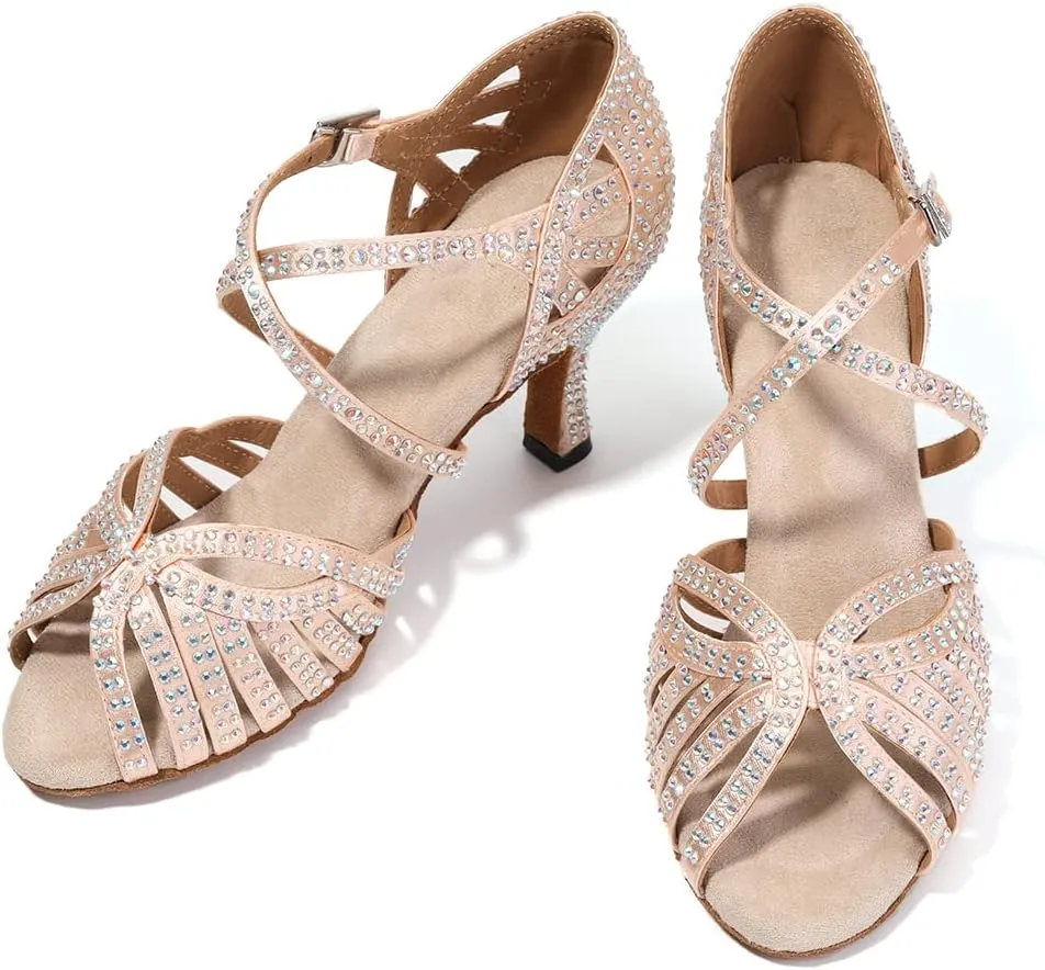 SWDZM Women's Ballroom Dance Shoes Rhinestone Latin Salsa Heeled Party Dance Shoes,Model L379